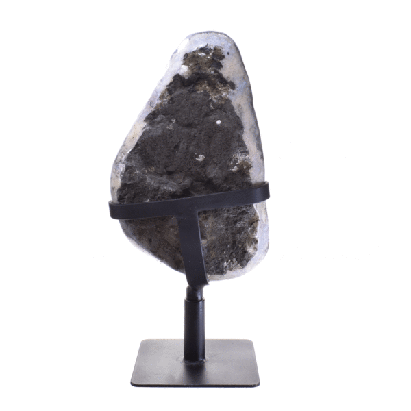 Raw piece of natural amethyst gemstone with polished outline, placed on a rotating metallic base. The half-upper part of the base is rotating, while the rest part remains stable.The amethyst on a base has a height of 41cm. Buy online shop.