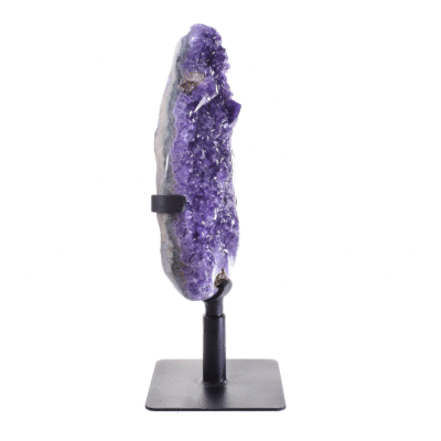 Raw piece of natural amethyst gemstone with polished outline, placed on a rotating metallic base. The half-upper part of the base is rotating, while the rest part remains stable.The amethyst on a base has a height of 41cm. Buy online shop.