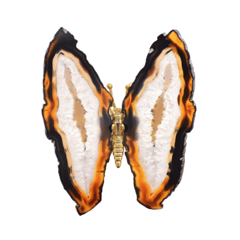 Πεταλούδα με σώμα από επαργυρωμένο μέταλλο και γυαλισμένα φτερά από φυσική πέτρα αχάτη, μεγέθους 15cm. Αγοράστε online shop.