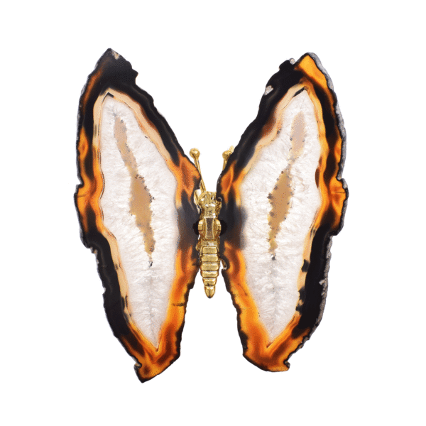 Butterfly with gold plated metallic body and polished wings made of natural agate gemstone. The butterfly has a size of 15cm. Buy online shop.