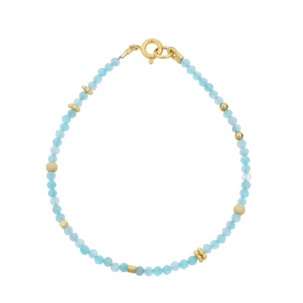 Handmade bracelet with natural amazonite gemstones and decorative elements made of gold plated sterling silver. By online shop.