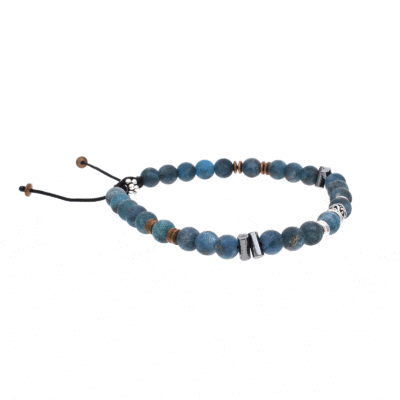 Handmade macrame bracelet with natural apatite and hematite gemstones, threaded on a black string. The bracelet is decorated with sterling silver elements. Buy online shop.