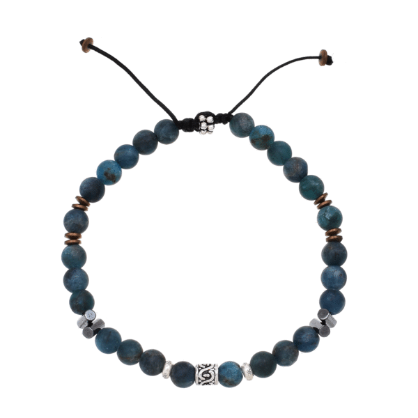 Handmade macrame bracelet with natural apatite and hematite gemstones, threaded on a black string. The bracelet is decorated with sterling silver elements. Buy online shop.