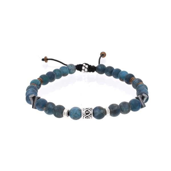Handmade macrame bracelet with natural apatite and hematite gemstones, threaded on a black string. The bracelet is decorated with sterling silver elements. Buy online shop.
