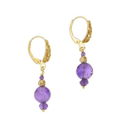 Handmade earrings made of gold plated sterling silver and natural amethyst gemstone. Buy online shop.