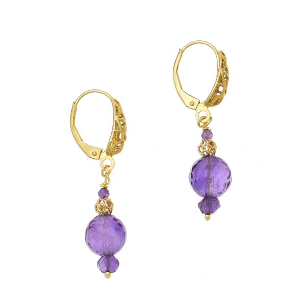 Handmade earrings made of gold plated sterling silver and natural amethyst gemstone. Buy online shop.