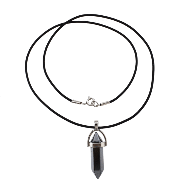 Pendant made of silver plated hypoallergenic metal and natural hematite gemstone pendulum. The pendant is threaded on a black leather with sterling silver clasp. Buy online shop.