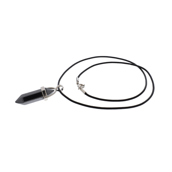 Pendant made of silver plated hypoallergenic metal and natural hematite gemstone pendulum. The pendant is threaded on a black leather with sterling silver clasp. Buy online shop.