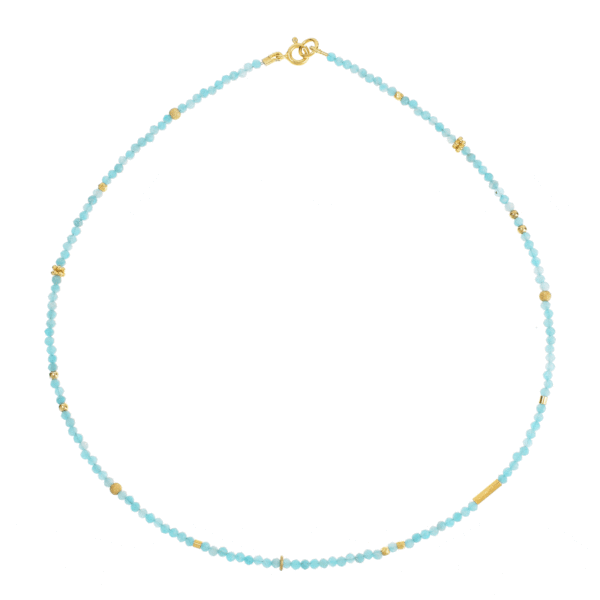 Handmade necklace with natural amazonite gemstones and decorative elements made of gold plated sterling silver. Buy online shop.