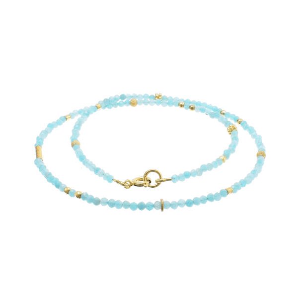 Handmade necklace with natural amazonite gemstones and decorative elements made of gold plated sterling silver. Buy online shop.
