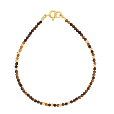 Handmade bracelet with natural tiger eye gemstones and decorative elements made of gold plated sterling silver. Buy online shop.