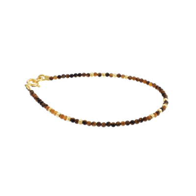 Handmade bracelet with natural tiger eye gemstones and decorative elements made of gold plated sterling silver. Buy online shop.