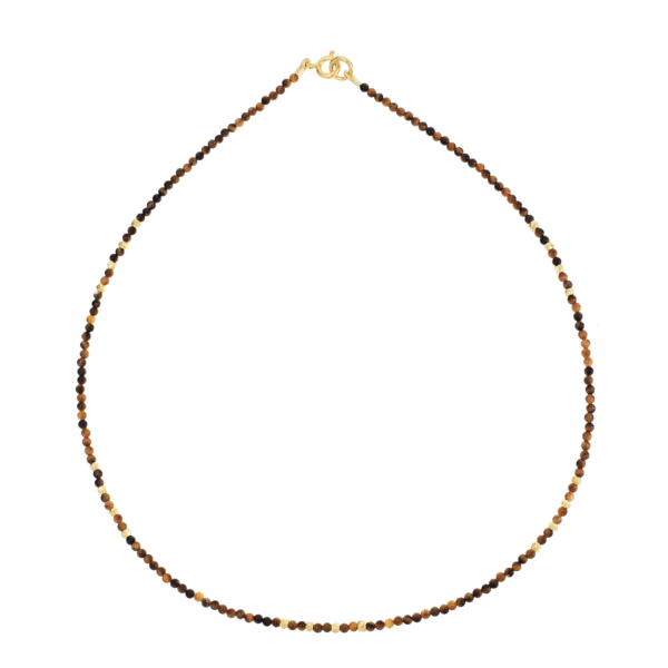 Handmade necklace with natural tiger eye gemstones and decorative elements made of gold plated sterling silver. Buy online shop.