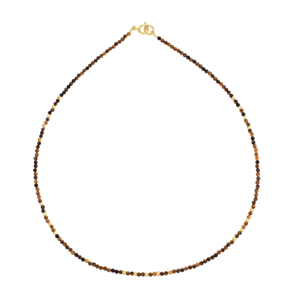 Handmade necklace with natural tiger eye gemstones and decorative elements made of gold plated sterling silver. Buy online shop.