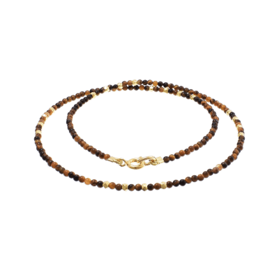 Handmade necklace with natural tiger eye gemstones and decorative elements made of gold plated sterling silver. Buy online shop.