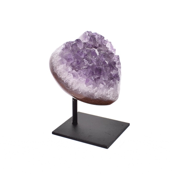 Natural amethyst gemstone in the shape of a heart, embedded into a black, metallic base. The product has a height of 6cm. Buy online shop.