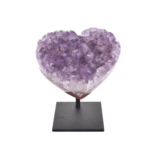 Natural amethyst gemstone in the shape of a heart, embedded into a black, metallic base. The product has a height of 6cm. Buy online shop.