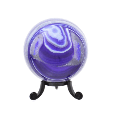 Polished sphere made of natural agate gemstone, artificially colored. The sphere has a diameter of 6.5cm and it comes with a black plexiglass base. Buy online shop.