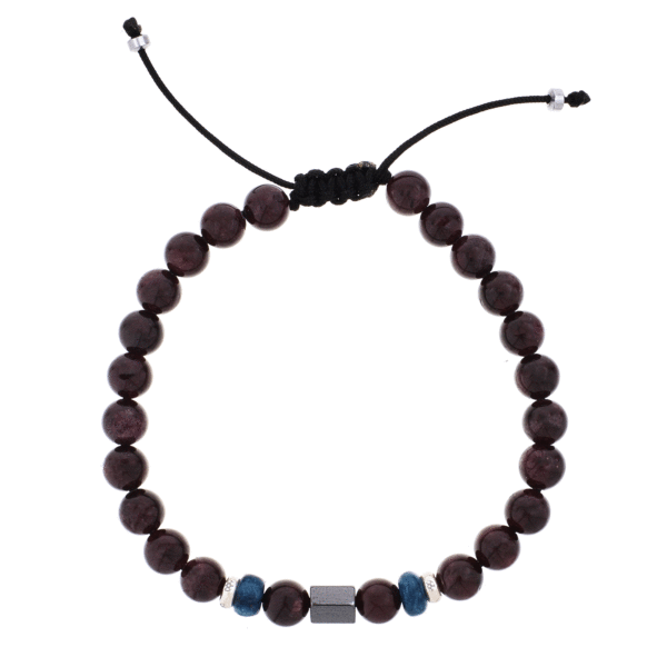 Handmade macrame bracelet with natural apatite, garnet and hematite gemstones, threaded on a black string. The bracelet is decorated with sterling silver elements. Buy online shop.