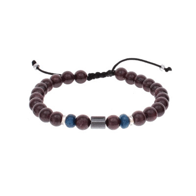 Handmade macrame bracelet with natural apatite, garnet and hematite gemstones, threaded on a black string. The bracelet is decorated with sterling silver elements. Buy online shop.