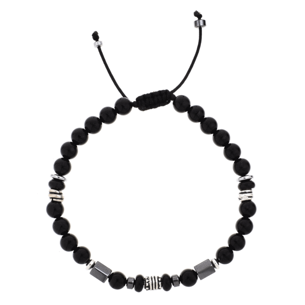 Handmade macrame bracelet with natural onyx and hematite gemstones, threaded on a black string. The bracelet is decorated with elements made of sterling silver. Buy online shop.