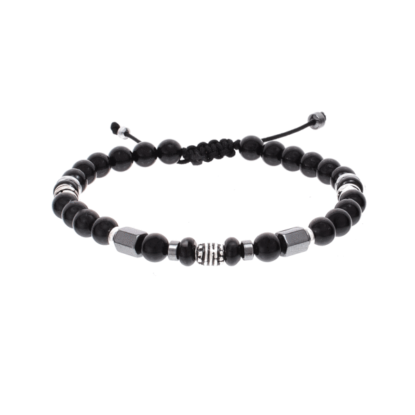 Handmade macrame bracelet with natural onyx and hematite gemstones, threaded on a black string. The bracelet is decorated with elements made of sterling silver. Buy online shop.