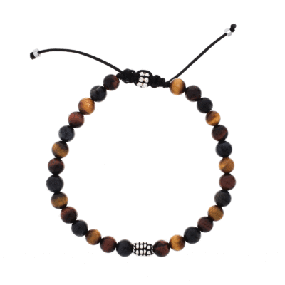 Handmade macrame bracelet with natural multicolor tiger's eye gemstones. The bracelet is decorated with sterling silver elements. Buy online shop.