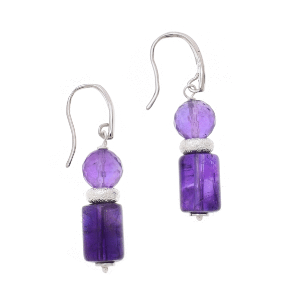 Handmade earrings made of sterling silver and natural amethyst gemstones in a spherical and cylindrical shape. Buy online shop.