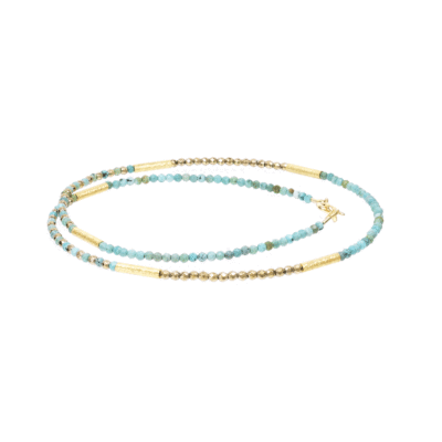 Handmade necklace with natural turquoise and pyrite gemstones and decorative elements made of gold plated sterling silver. Buy online shop.