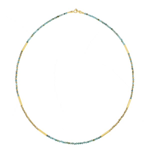 Handmade necklace with natural turquoise and pyrite gemstones and decorative elements made of gold plated sterling silver. Buy online shop.