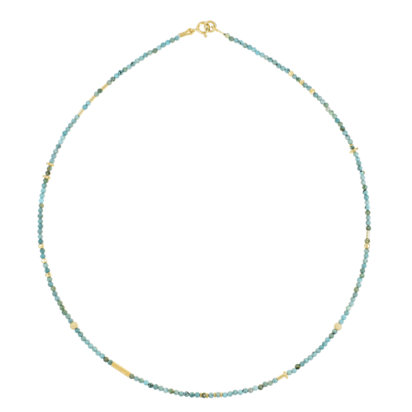 Handmade necklace with natural turquoise gemstones and decorative elements made of gold plated sterling silver. Buy online shop.