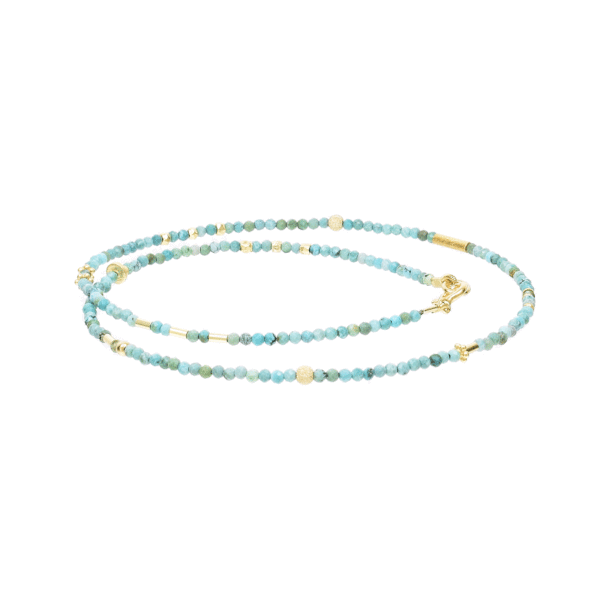 Handmade necklace with natural turquoise gemstones and decorative elements made of gold plated sterling silver. Buy online shop.