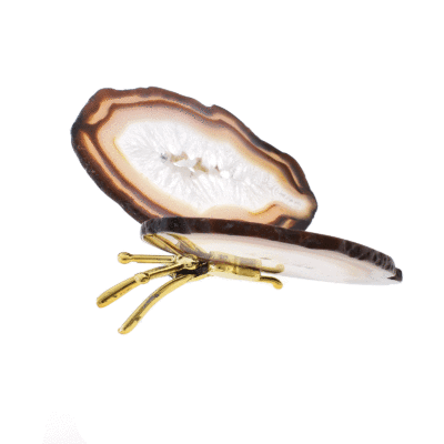Πεταλούδα με σώμα από επιχρυσωμένο μέταλλο και γυαλισμένα φτερά από φυσική πέτρα αχάτη με κρύσταλλα χαλαζία, μεγέθους 11,5cm. Αγοράστε online shop.