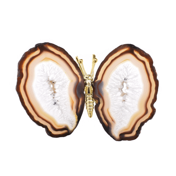 Butterfly with silver plated metallic body and polished wings made of natural agate gemstone with crystal quartz. The butterfly has a size of 11.5cm. Buy online shop.