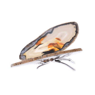 Butterfly with silver plated metallic body and polished wings made of natural agate gemstone. The butterfly has a size of 9cm. Buy online shop.