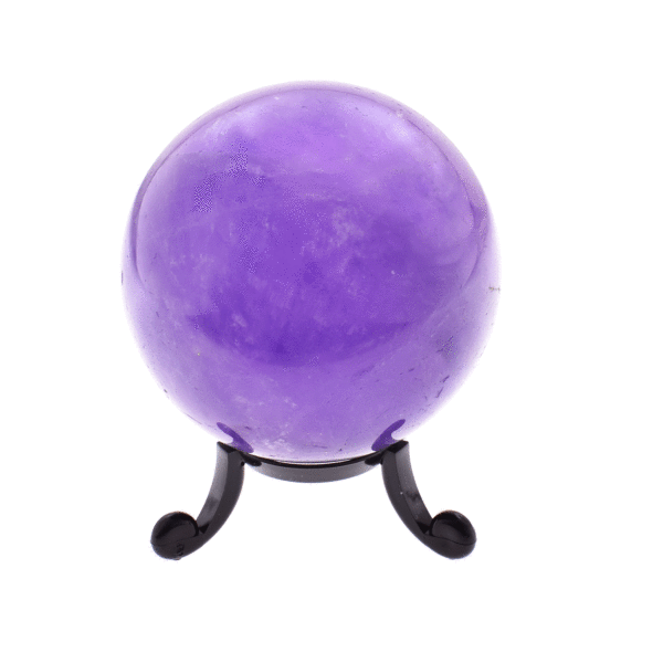 Sphere made from natural amethyst crystal with a diameter of 6.5cm. The sphere comes with a black plexiglass base. Buy online shop.