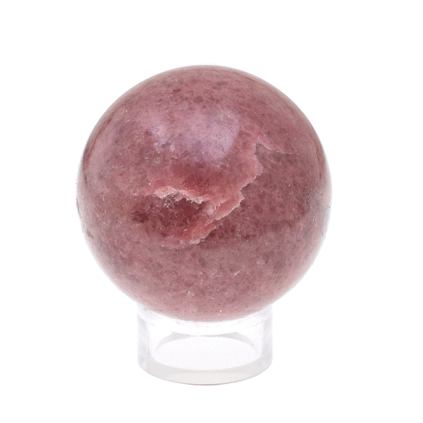 Polished sphere made from natural rhodonite gemstone with a diameter of 4.5cm. The sphere comes with a plexiglass base. Buy online shop.