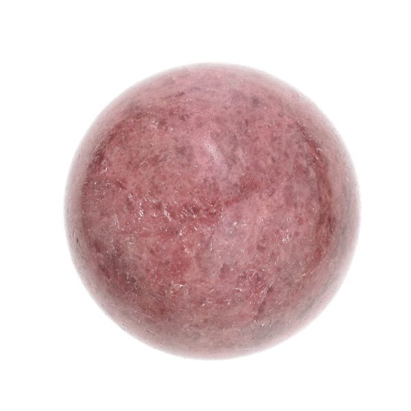 Polished sphere made from natural rhodonite gemstone with a diameter of 4.5cm. The sphere comes with a plexiglass base. Buy online shop.