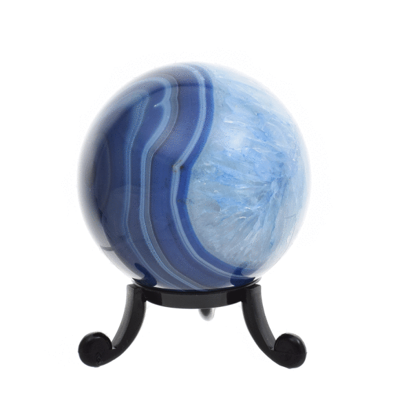 Polished sphere made of natural agate gemstone, artificially colored. The sphere has a diameter of 5.5cm and it comes with a black plexiglass base. Buy online shop.
