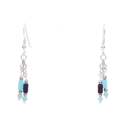 Handmade earrings made of sterling silver and natural amazonite, hematite and oxidized agate gemstones. Buy online shop.