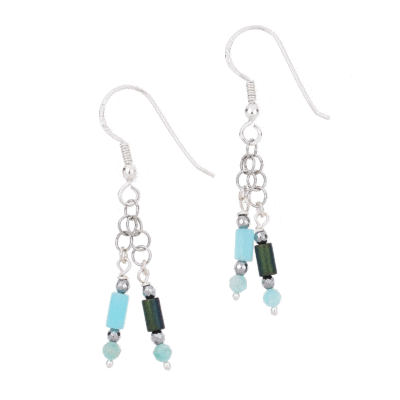 Handmade earrings made of sterling silver and natural amazonite, hematite and oxidized agate gemstones. Buy online shop.