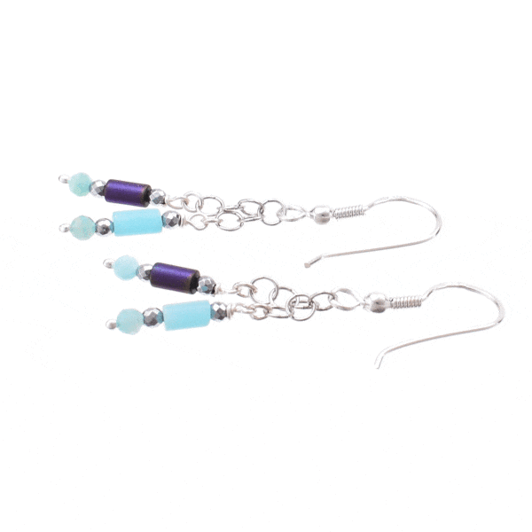 Handmade earrings made of sterling silver and natural amazonite, hematite and oxidized agate gemstones. Buy online shop.