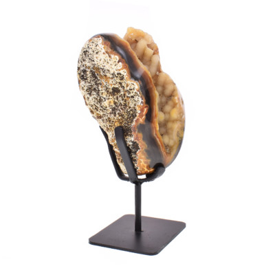 Natural agate geode gemstone with crystal quartz and polished outline. The geode comes with a black, metallic base and the product has a height of 19.5cm. Buy online shop.