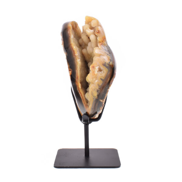 Natural agate geode gemstone with crystal quartz and polished outline. The geode comes with a black, metallic base and the product has a height of 19.5cm. Buy online shop.