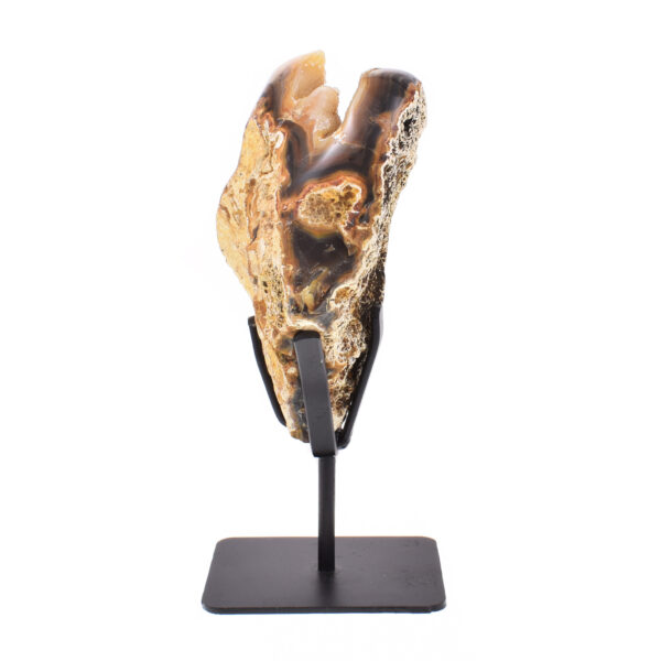 Natural agate geode gemstone with crystal quartz and polished outline. The geode comes with a black, metallic base and the product has a height of 19.5cm. Buy online shop.