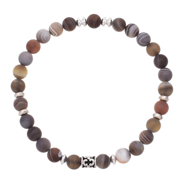Handmade bracelet with natural botswana agate and hematite gemstones, threaded on a special elastic. The bracelet is decorated with sterling silver elements.Buy online shop.