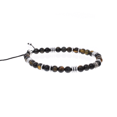 Handmade macrame bracelet with natural blue tiger's eye and hematite gemstones, threaded on a black string. The bracelet is decorated with sterling silver elements. Buy online shop.