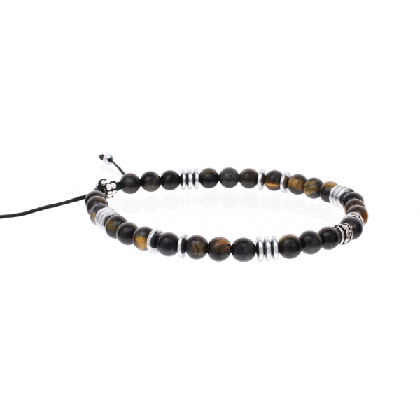 Handmade macrame bracelet with natural blue tiger's eye and hematite gemstones, threaded on a black string. The bracelet is decorated with sterling silver elements. Buy online shop.