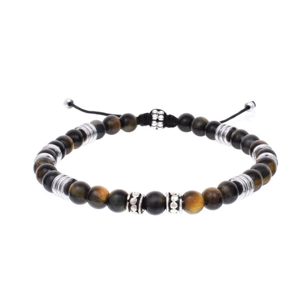 Handmade macrame bracelet with natural blue tiger's eye and hematite gemstones, threaded on a black string. The bracelet is decorated with sterling silver elements. Buy online shop.
