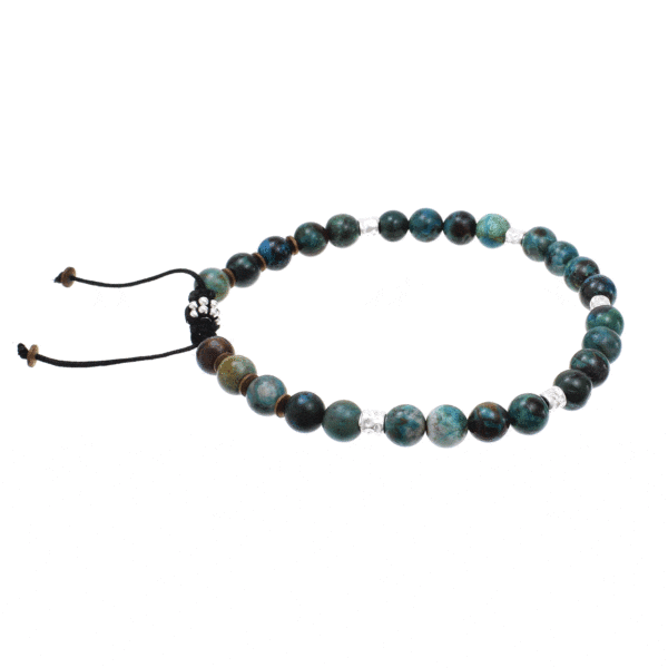 Handmade macrame bracelet with natural chrysocolla and hematite gemstones, threaded on a black string. The bracelet is decorated with sterling silver elements. Buy online shop.